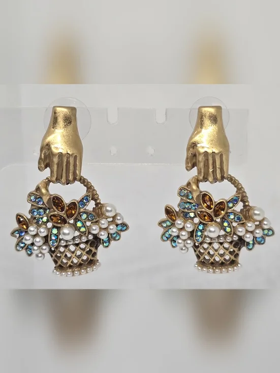 Vintage Style Gold Basket Pearl and Multistone Drop Earrings - Picture 4 of 7